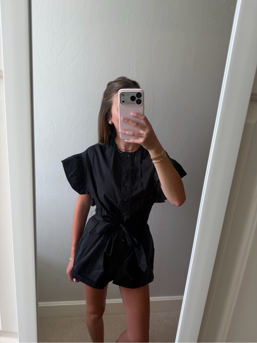 Black Short Sleeve Tie-Waist Romper